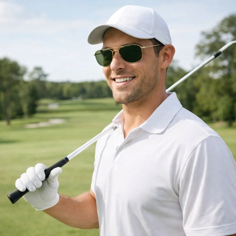 Vintage Foster Grant Gold Aviator Sunglasses Green Lens Classic‎ Golf Style UV